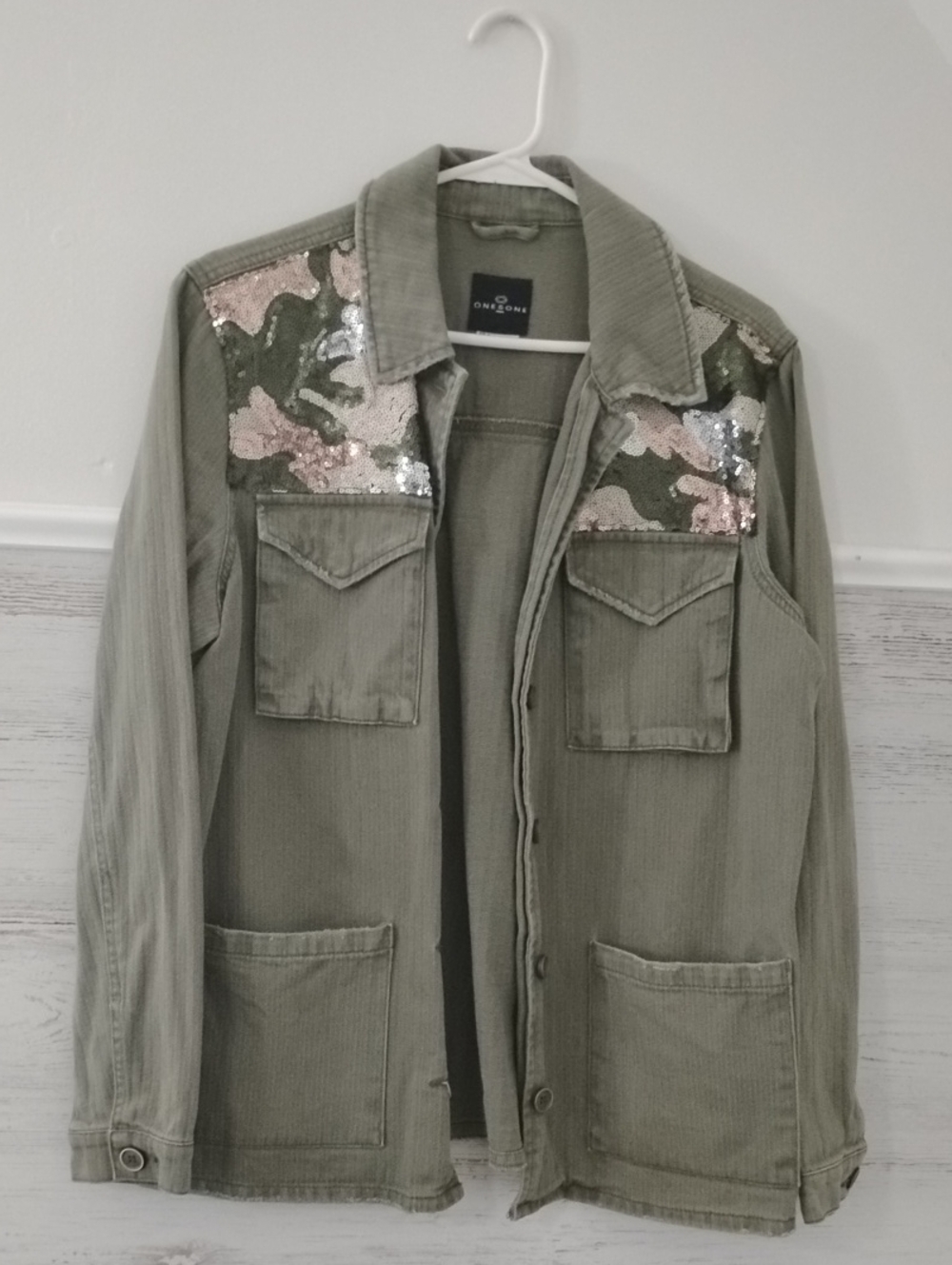 one 5 one Olive Green Utility Jacket with Sequin Camouflage Shoulders